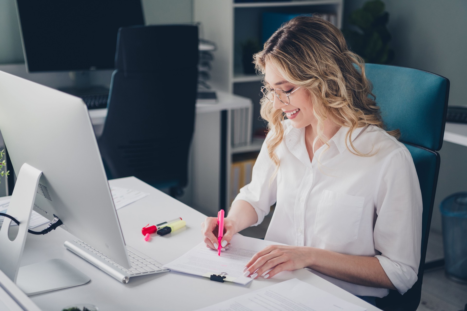 Photo of pretty young girl paperwork recruiter wear formalwear coworking successful nice light office